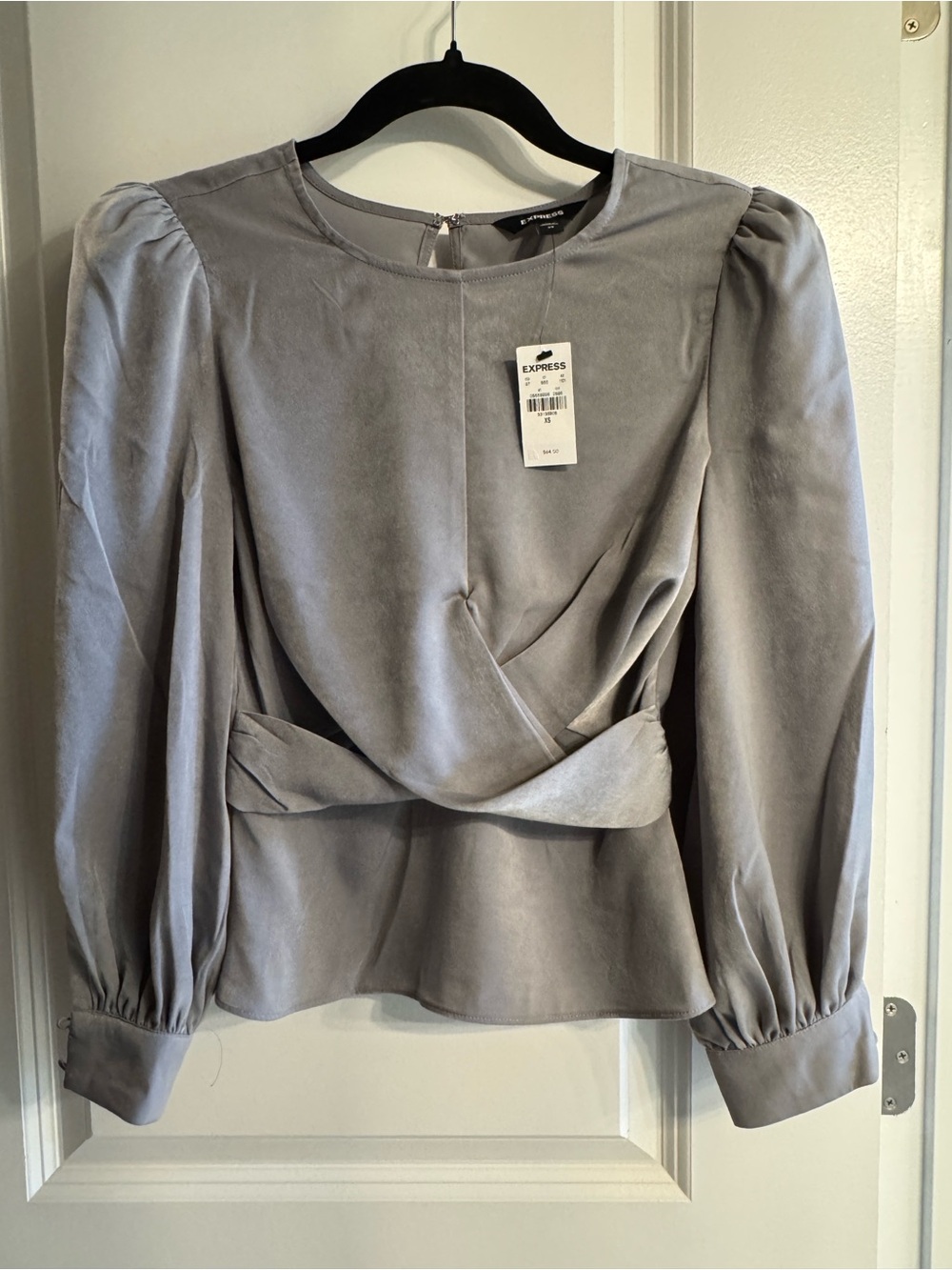 Express Women's Light Gray Draped Puff-Sleeve Blouse